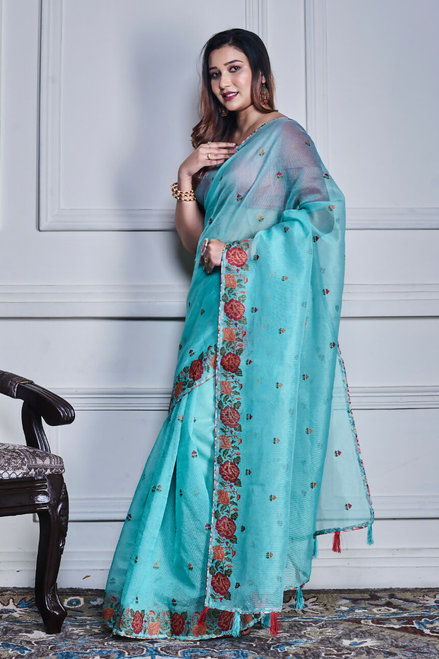 Morchari Green Supernet Cross Stitched Embroidery Saree Unstitched Blouse - Distacart