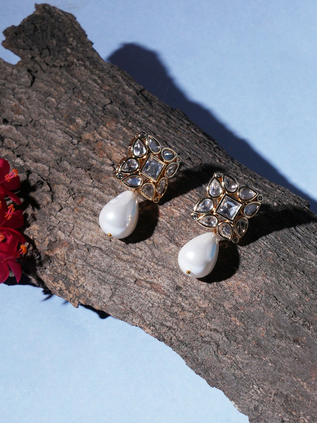 Kundan Studs with Pearl Drop (Gold) - Ruby Raang - Distacart