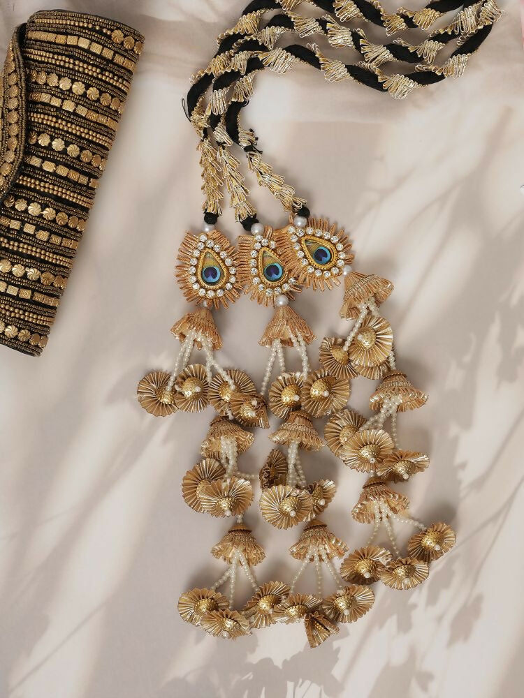 Ruby Raang Gold Gota Pati Work And Black Thread And Mirrors With Gold Stones And Mor Pankh Motif