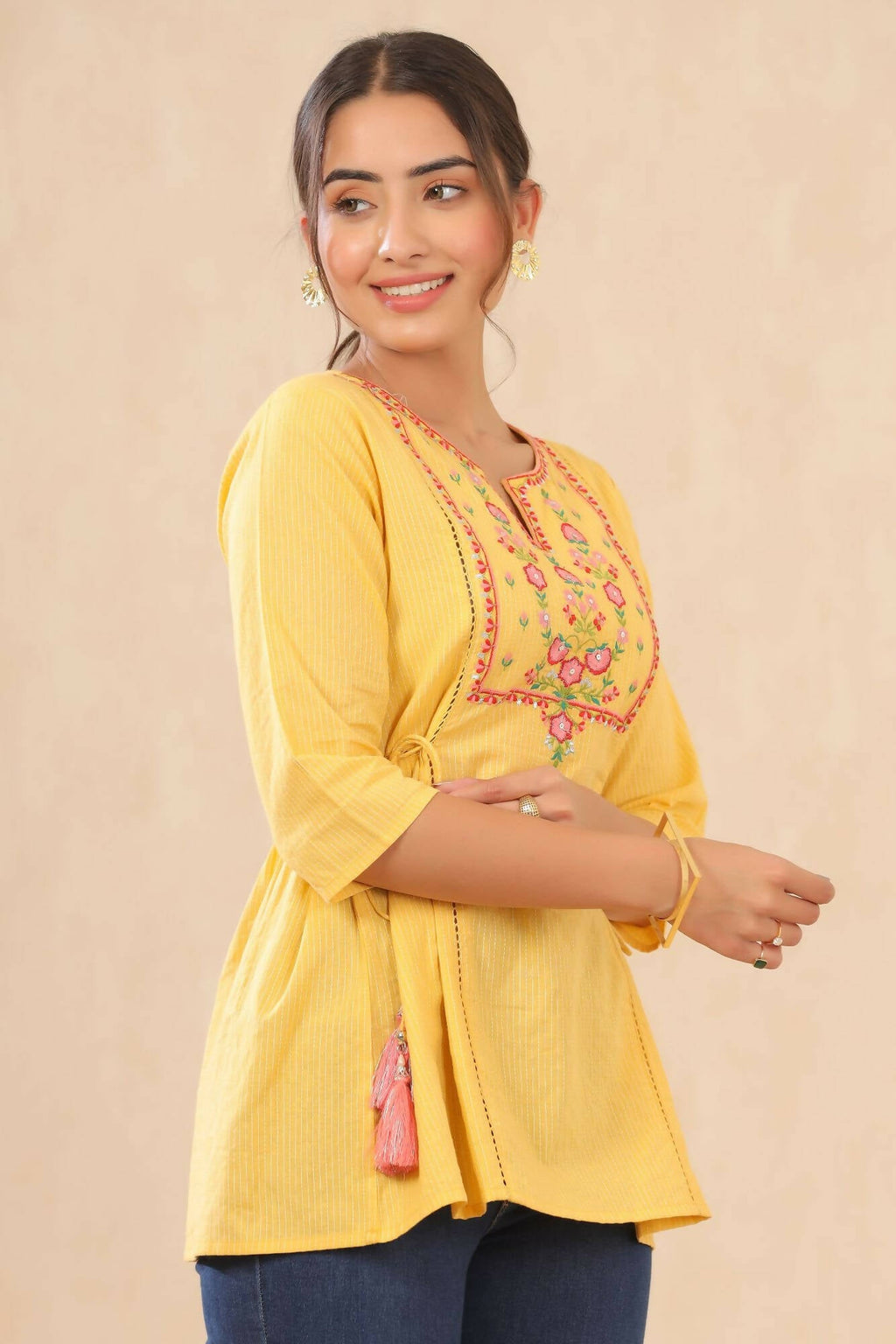 Juniper Women Yellow Cotton Dobby Embroidered A-Line Tunic - Distacart