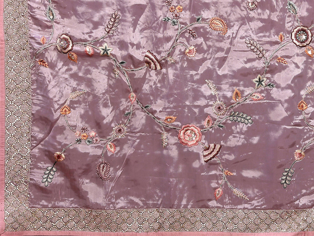 Pink Satin Silk Embroidered Saree With Stitched Blouse - Nimaya Kaksha