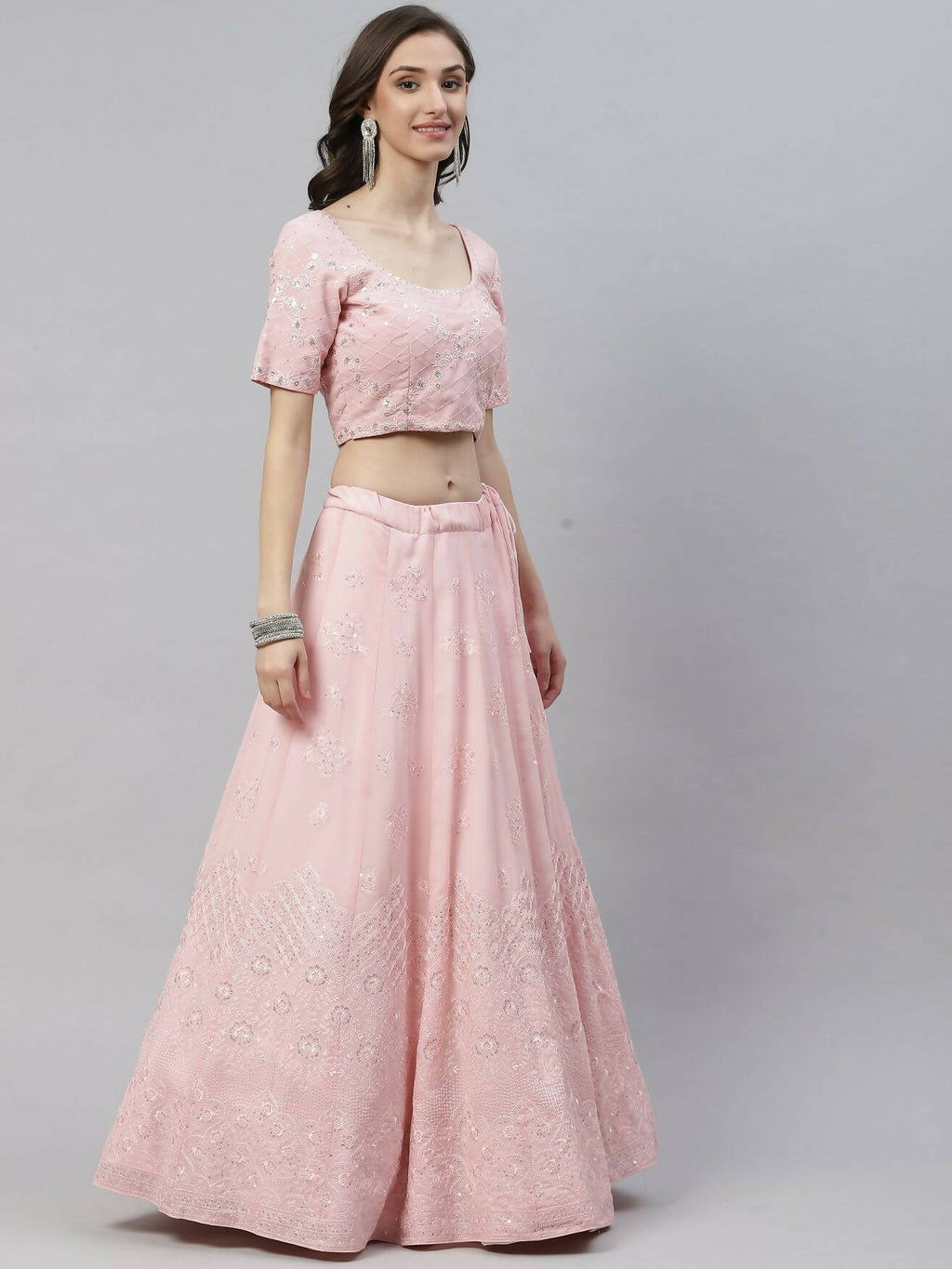 Pink Georgette Thread with Sequins Embroidered work Lehenga Choli with Dupatta - Jivika