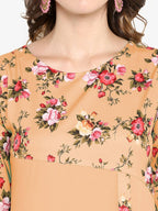 Janasya Peach-Coloured & Green Floral Printed Bell Sleeves Kurta - Distacart