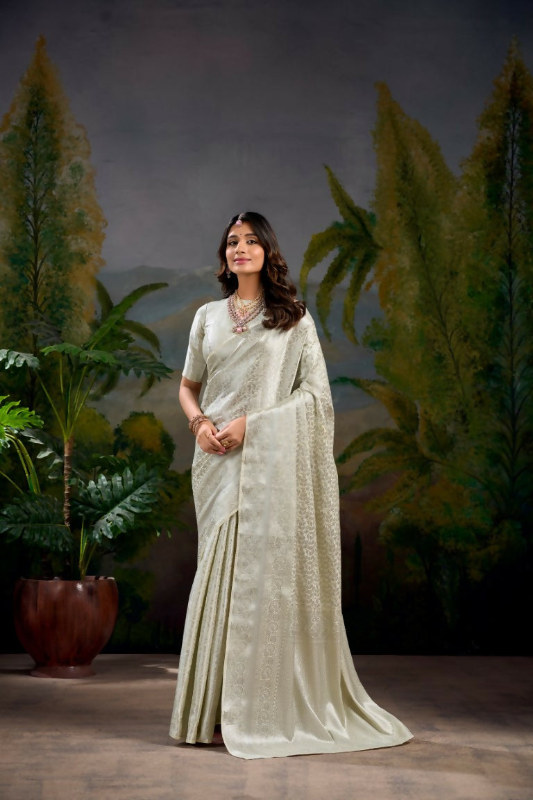 Vastranavya Off White Kanjivaram Zari Weaving Work Saree with Unstitched Blouse