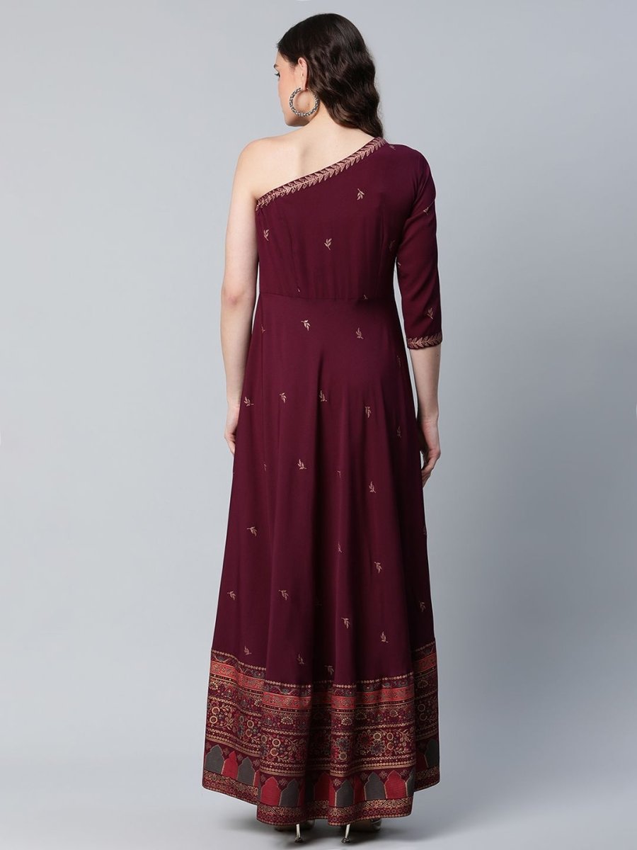 Ahalyaa Women Burgundy & Gold-Toned Ethnic Motifs One Shoulder Ethnic Maxi Dress - Distacart