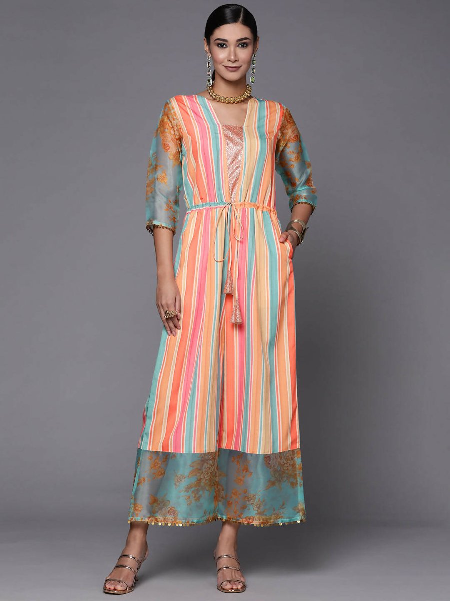 Ahalyaa Coral Orange & Blue Candy Striped Basic Jumpsuit - Distacart