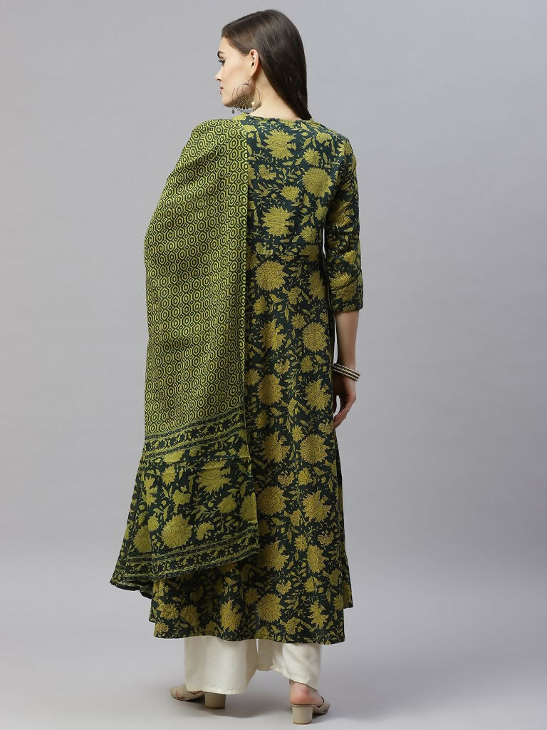 Miravan Women's Pure Cotton Printed Anarkali Kurta With Gold Print Dupattas