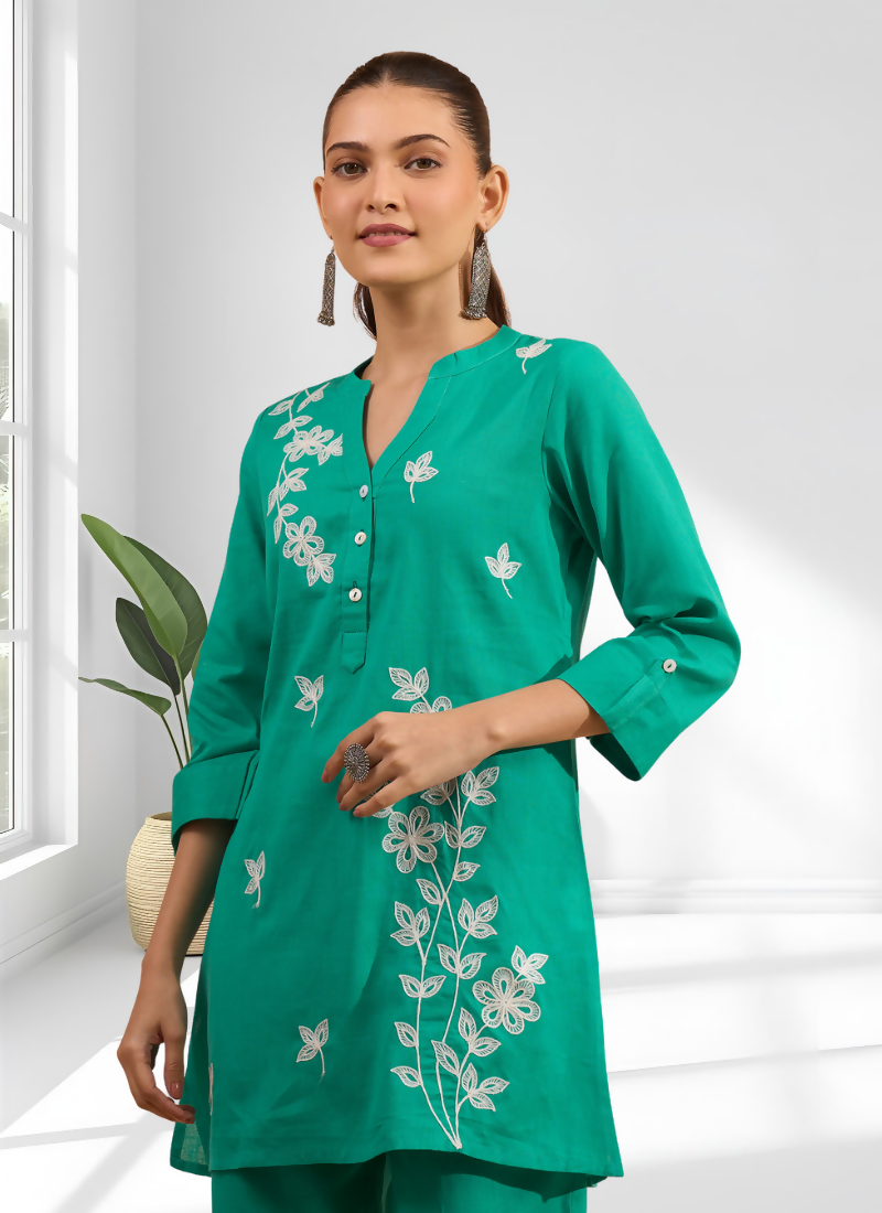 Joban Fashion Sea Green Cotton, Linen Embroidered Readymade Cord Set - Distacart