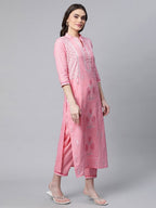 Ahalyaa Women Light Pink Colour Pure Cotton Printed Kurta Pant Set With Dupatta - Distacart