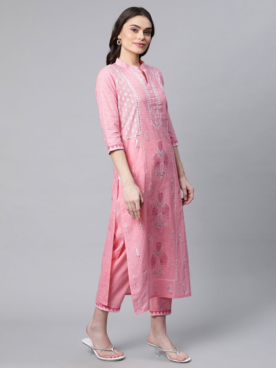 Ahalyaa Women Light Pink Colour Pure Cotton Printed Kurta Pant Set With Dupatta - Distacart