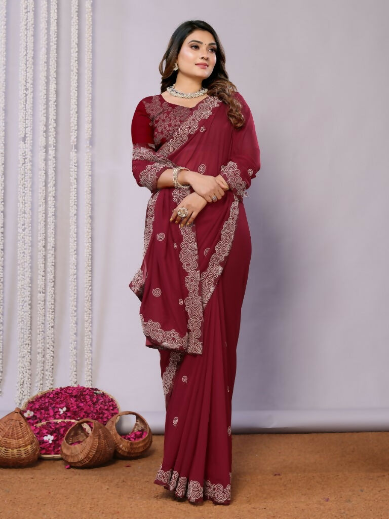 Maroon Silk Georgette Cord Embroidery Saree - Norita Saumya