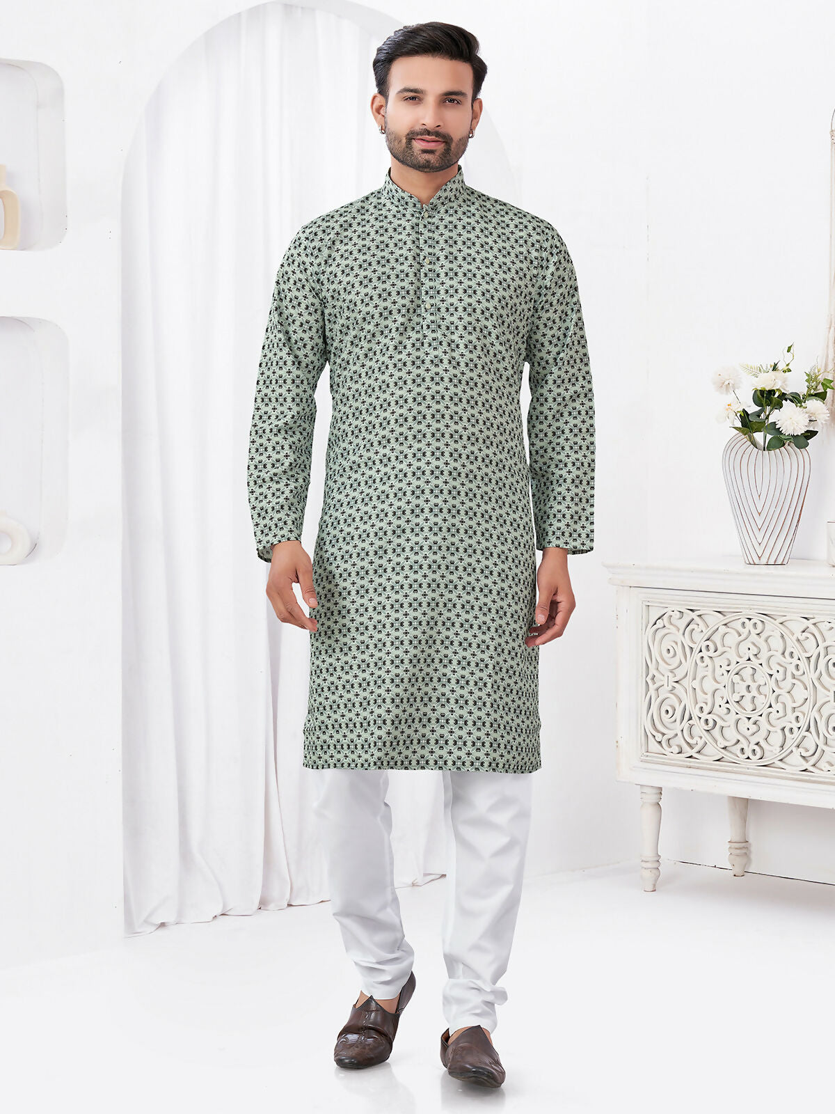 Joban Fashion Men's Rayon Cotton Grey Printed Kurta Pyjama set