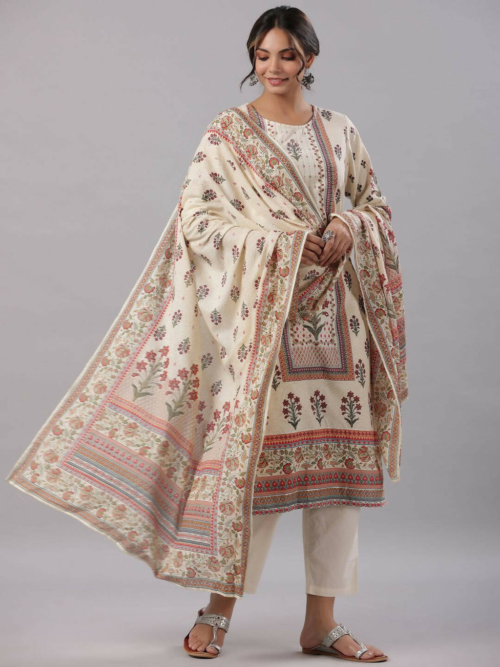Juniper Women's Beige Cambric Floral Placement Printed Straight Fit Kurta Sets - Distacart