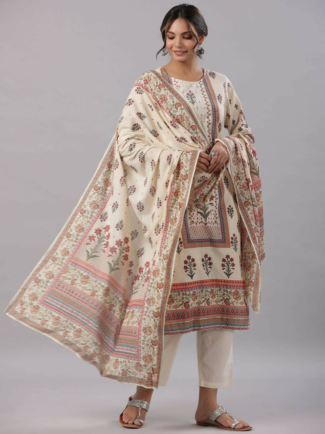 Juniper Women's Beige Cambric Floral Placement Printed Straight Fit Kurta Sets - Distacart