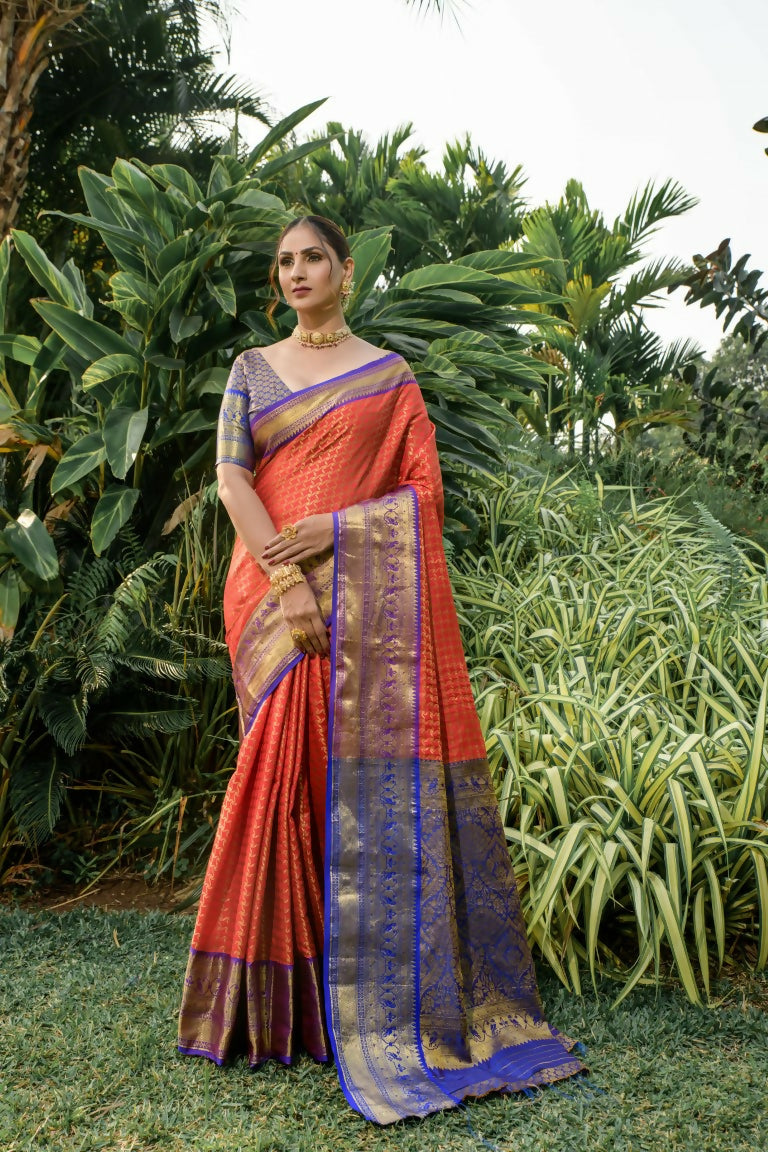 Jyoti Fashion Women's Orange Kanjivaram Silk Zari Woven Saree with Blouse