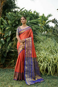 Jyoti Fashion Women's Orange Kanjivaram Silk Zari Woven Saree with Blouse