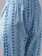 Yufta Women White & Blue Ethnic Hand Block Print Pure Cotton Kurta with Trouser & Dupatta