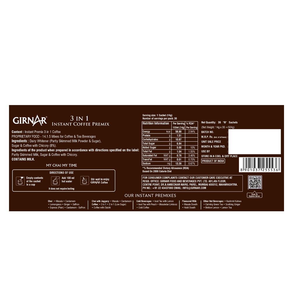 Girnar Instant Premix 3 In 1 Coffee - Distacart