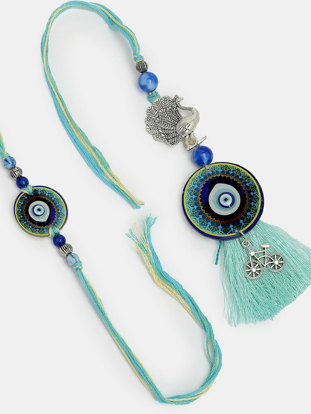 NVR Women & Men Set of 2 Blue Evil Eye & Beaded Bhaiya Bhabi Rakhi With Roli Chawal & Chocolate - Distacart
