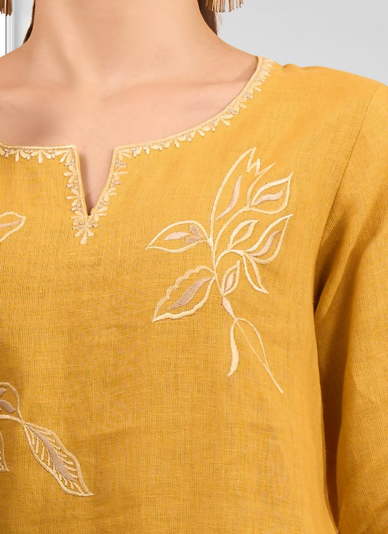 Joban Fashion Mustard Linen Embroidered Readymade Cord Set - Distacart