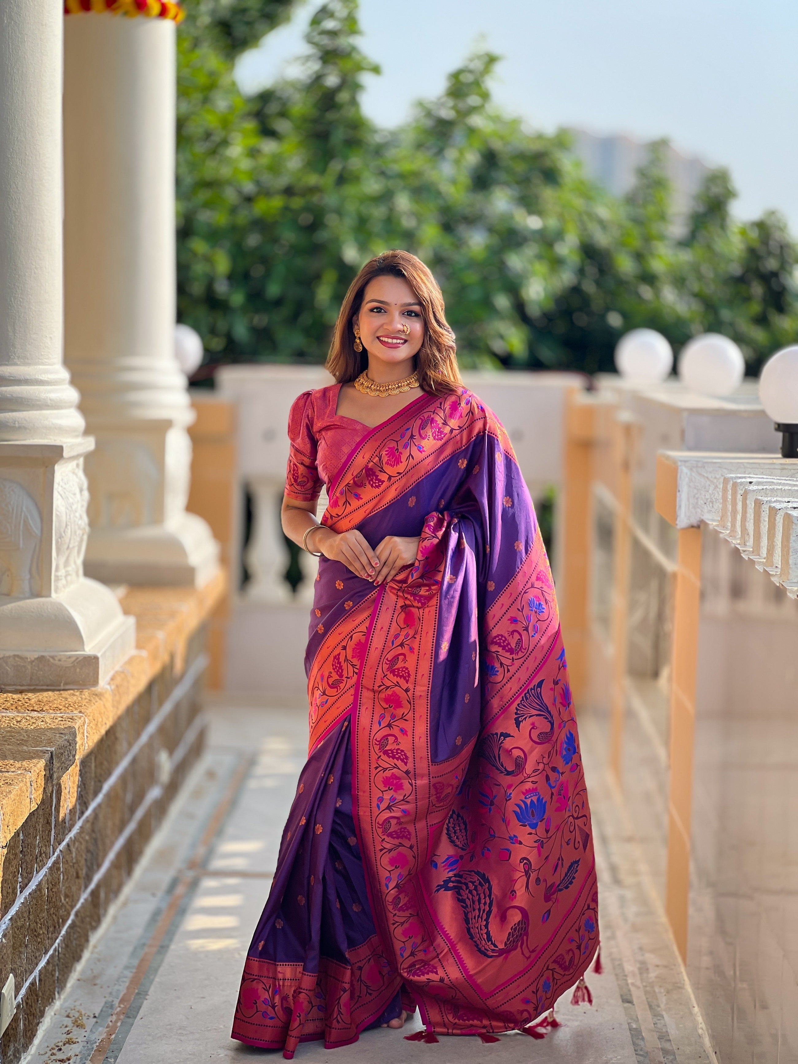 Vedant Vastram Soft Litchi Silk Paithani Jacquard Saree - Purple