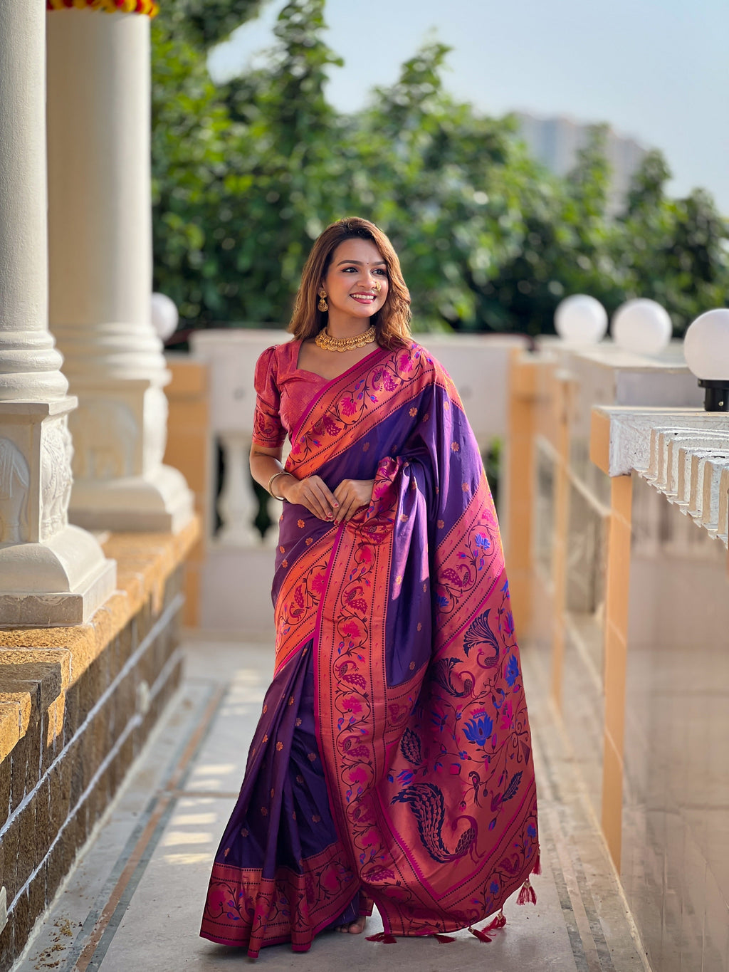 Vedant Vastram Soft Litchi Silk Paithani Jacquard Saree - Purple