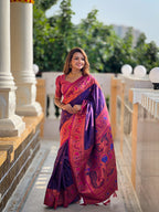 Vedant Vastram Soft Litchi Silk Paithani Jacquard Saree - Purple