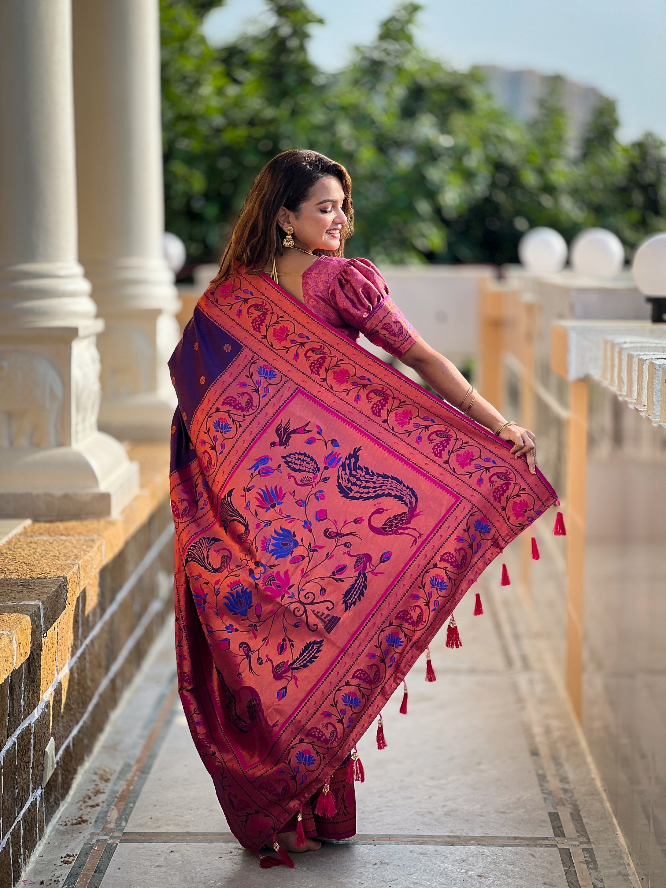 Vedant Vastram Soft Litchi Silk Paithani Jacquard Saree - Purple