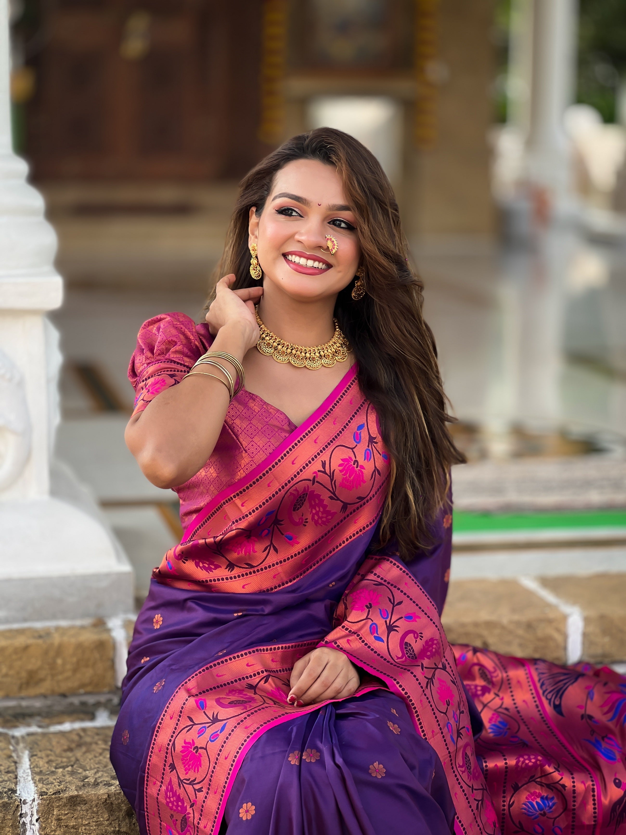 Vedant Vastram Soft Litchi Silk Paithani Jacquard Saree - Purple