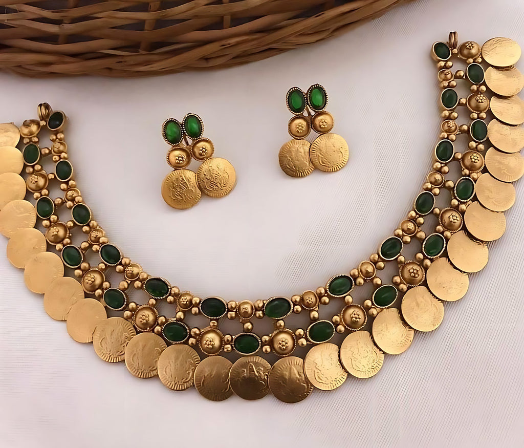 Jewel City Gold-Tone Coin Necklace Set with Emerald and Ruby Gemstones
