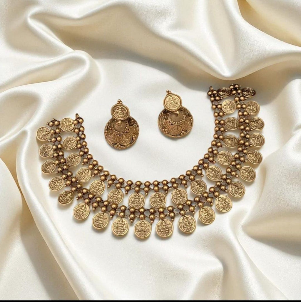 Jewel City Antique Gold-Plated Coin Necklace Set for Women | Traditional Temple Jewelry Choker with Earrings