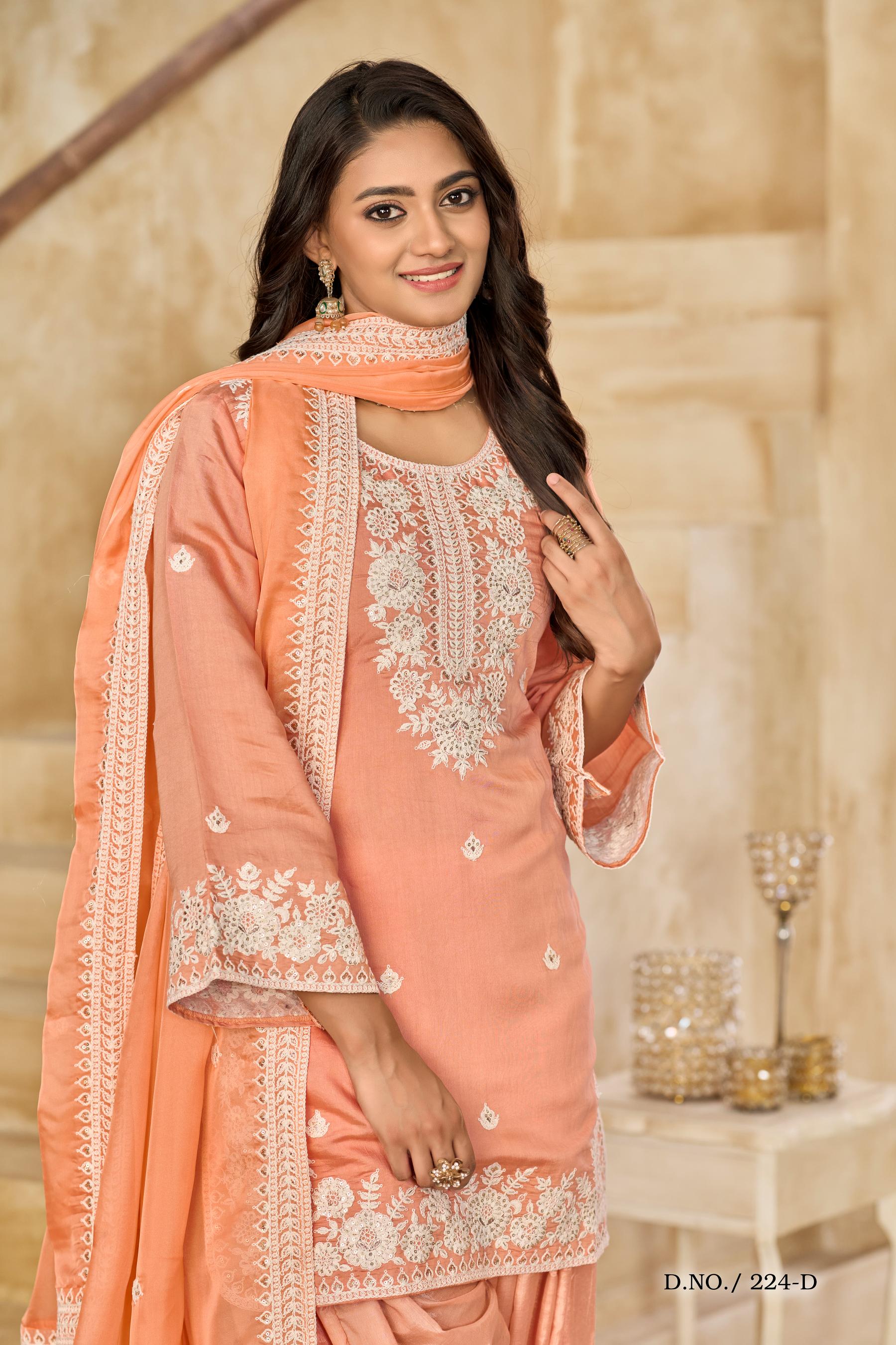 Anaita Orange Premium Thread Embroidered Roman Silk Salwar Suit - Distacart