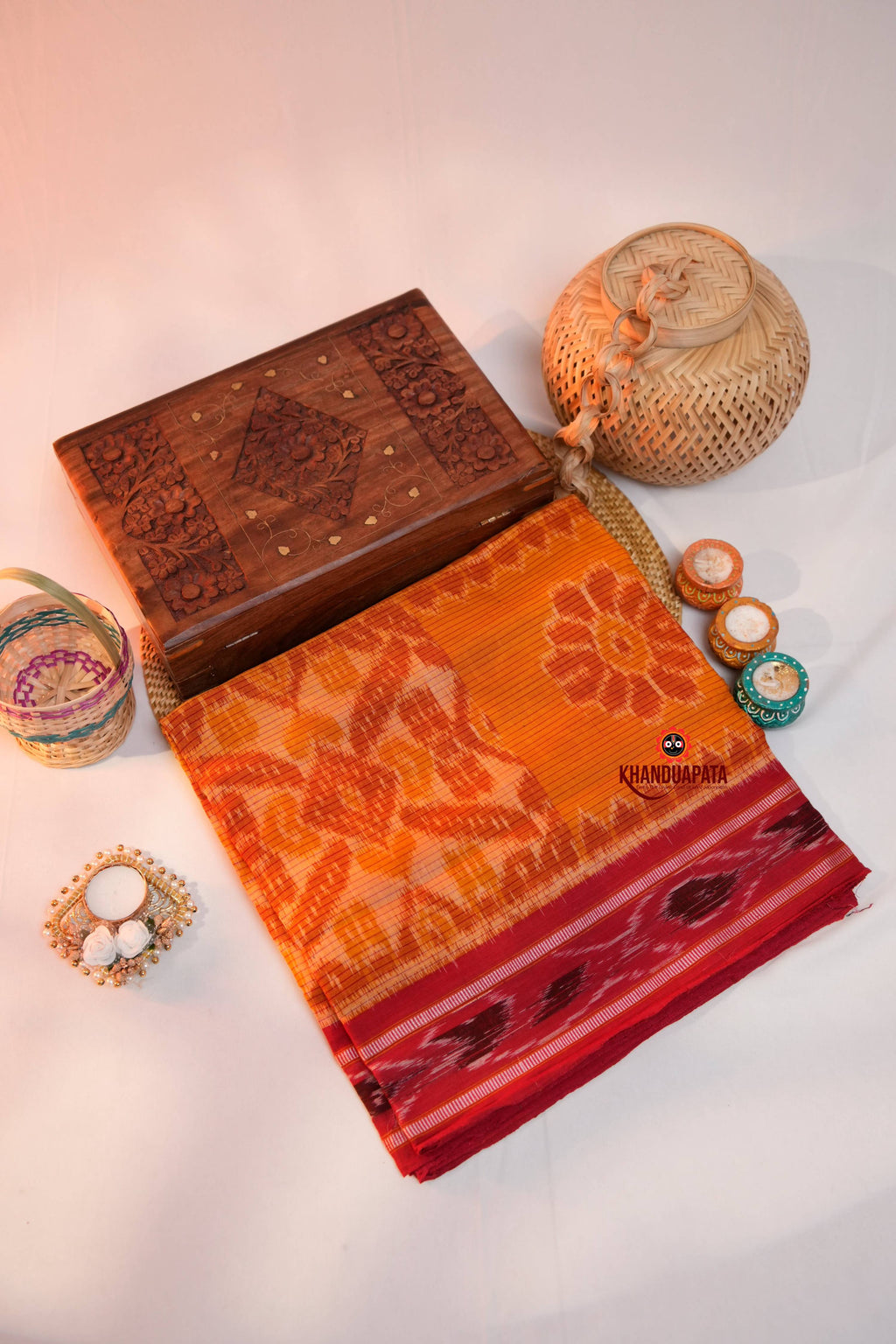 khanduapata Orange & Maroon Colour Design Cotton Saree For Women - Distacart