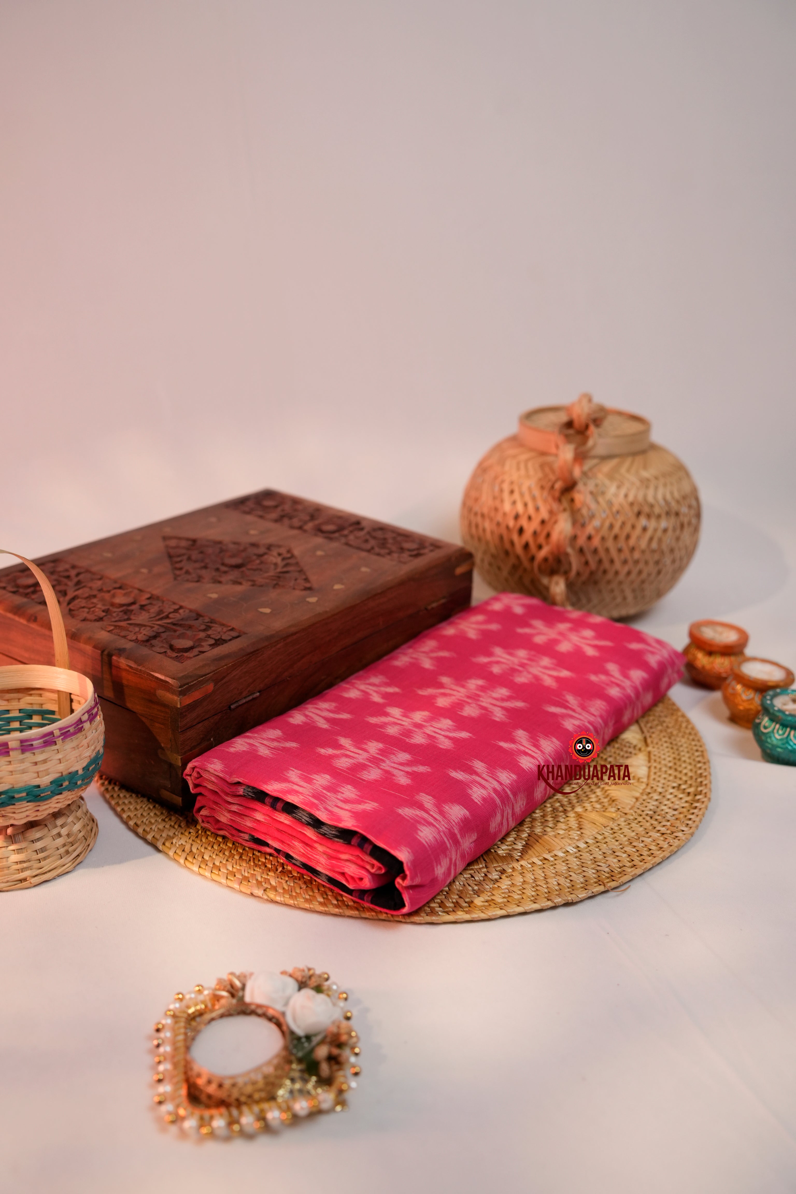 khanduapata Pink & Black Colour Flower Design Cotton Saree For Women - Distacart