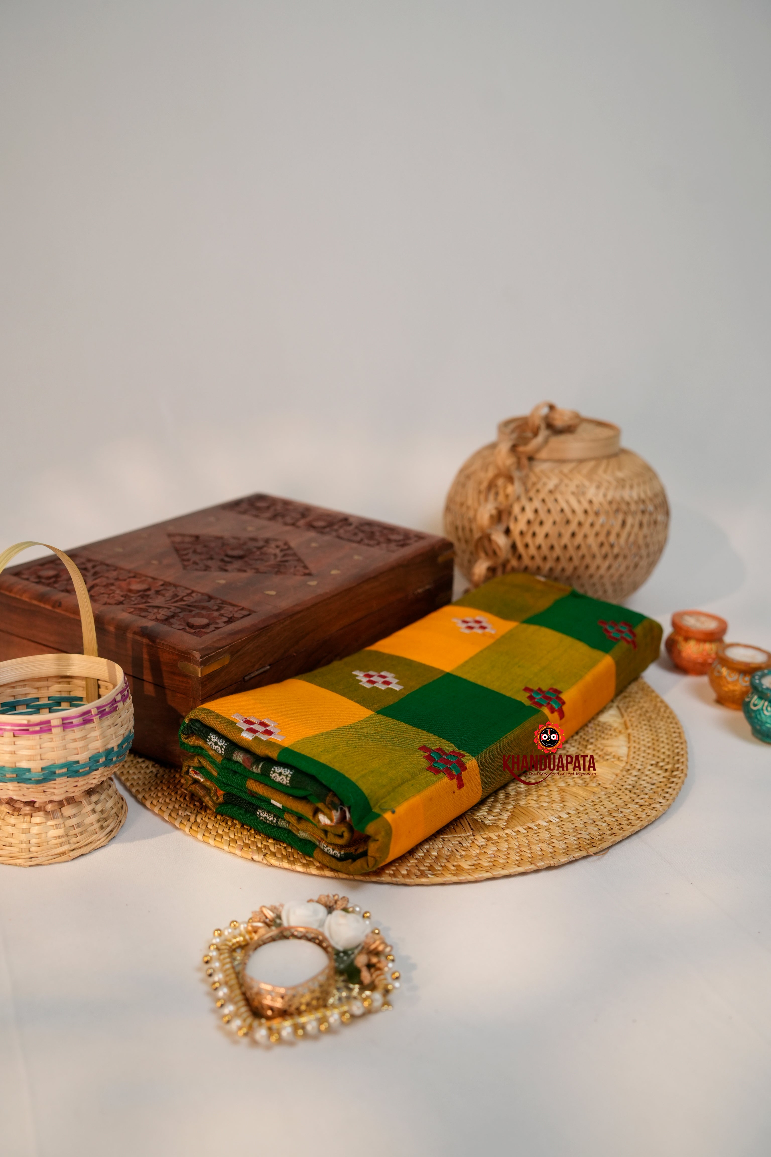 khanduapata Green & Orange Colour Check Design Cotton Saree For Women - Distacart