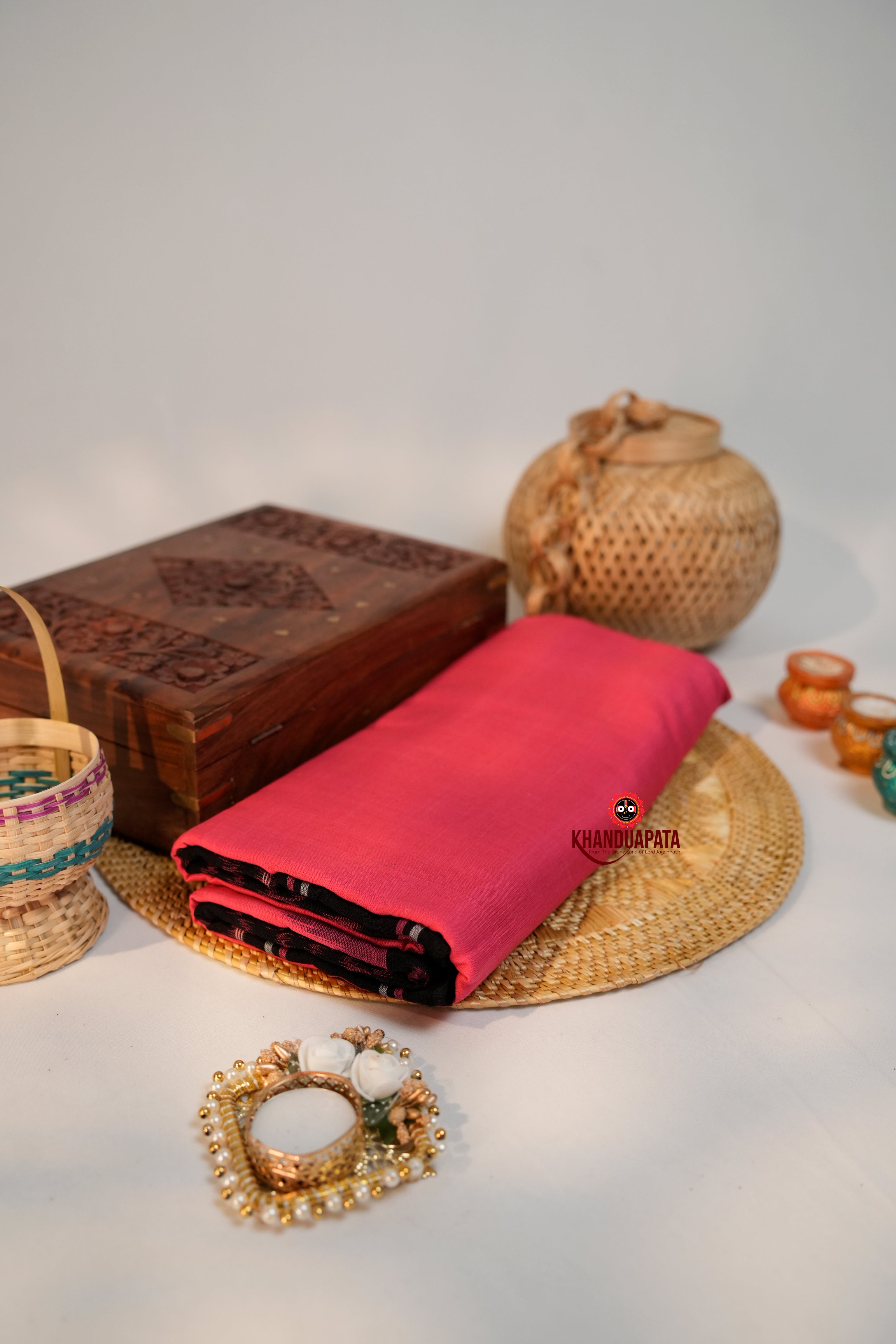 khanduapata Pink & Black Colour Pasapali Border Design Cotton Saree For Women - Distacart
