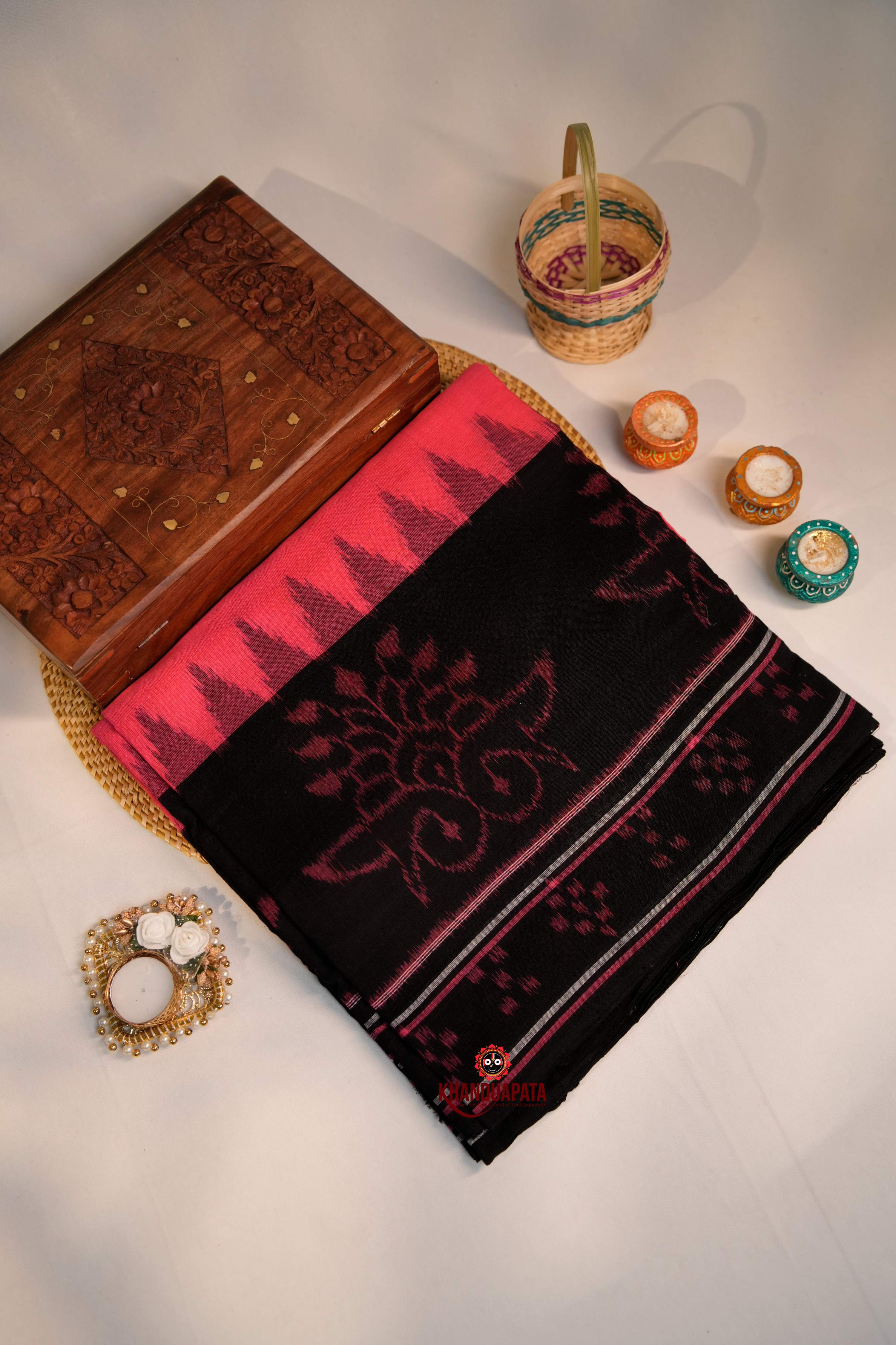 khanduapata Pink & Black Colour Pasapali Border Design Cotton Saree For Women - Distacart