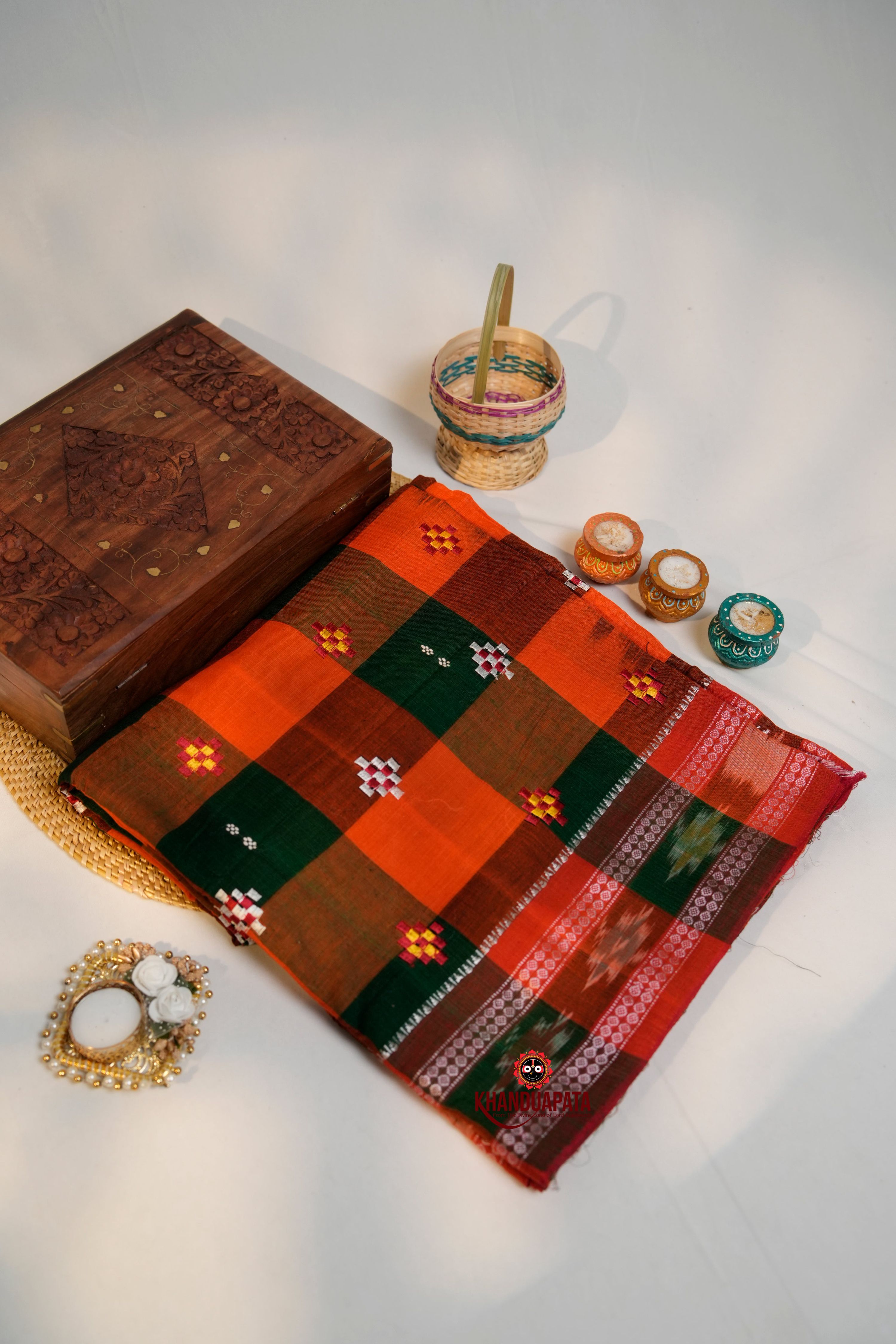 khanduapata Orange & Green Colour Check Design Cotton Saree For Women - Distacart