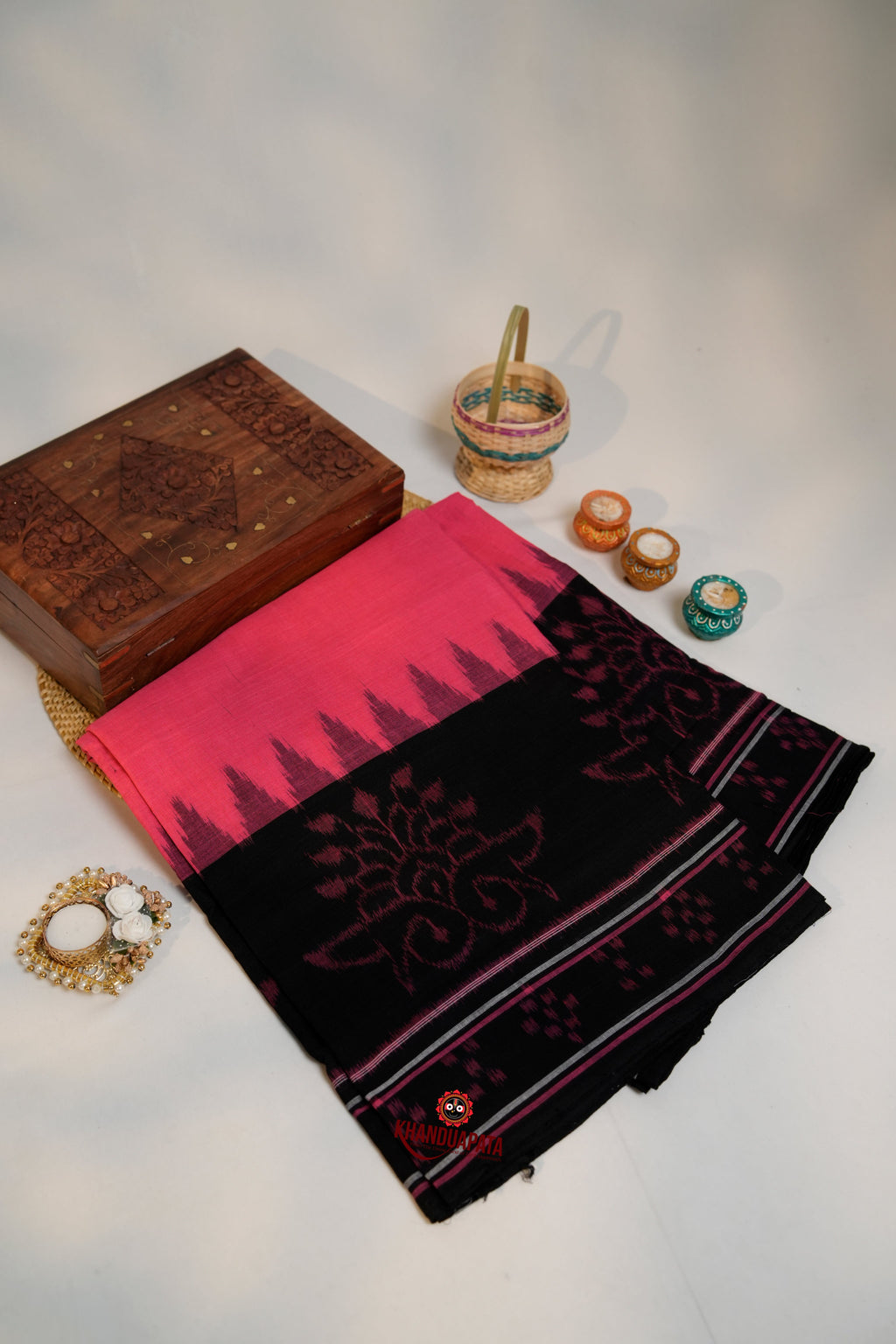 khanduapata Pink & Black Colour Pasapali Border Design Cotton Saree For Women - Distacart