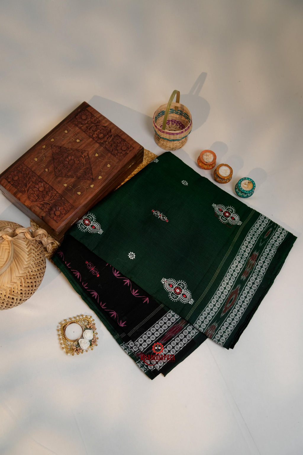 khanduapata Green & Black Embroidery Design Cotton Saree For Women - Distacart