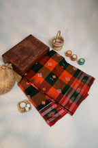 khanduapata Orange & Green Colour Check Design Cotton Saree For Women - Distacart