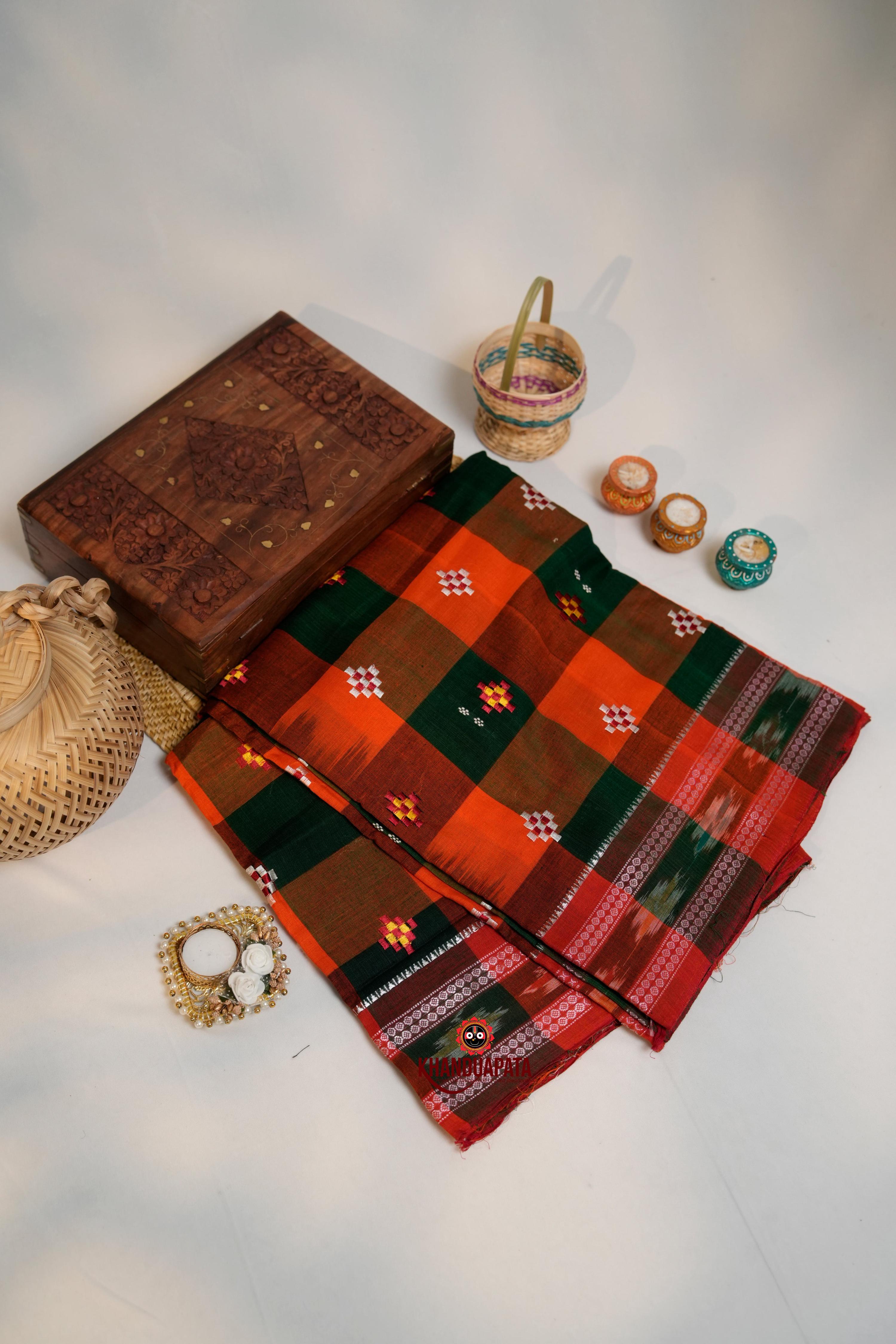 khanduapata Orange & Green Colour Check Design Cotton Saree For Women - Distacart