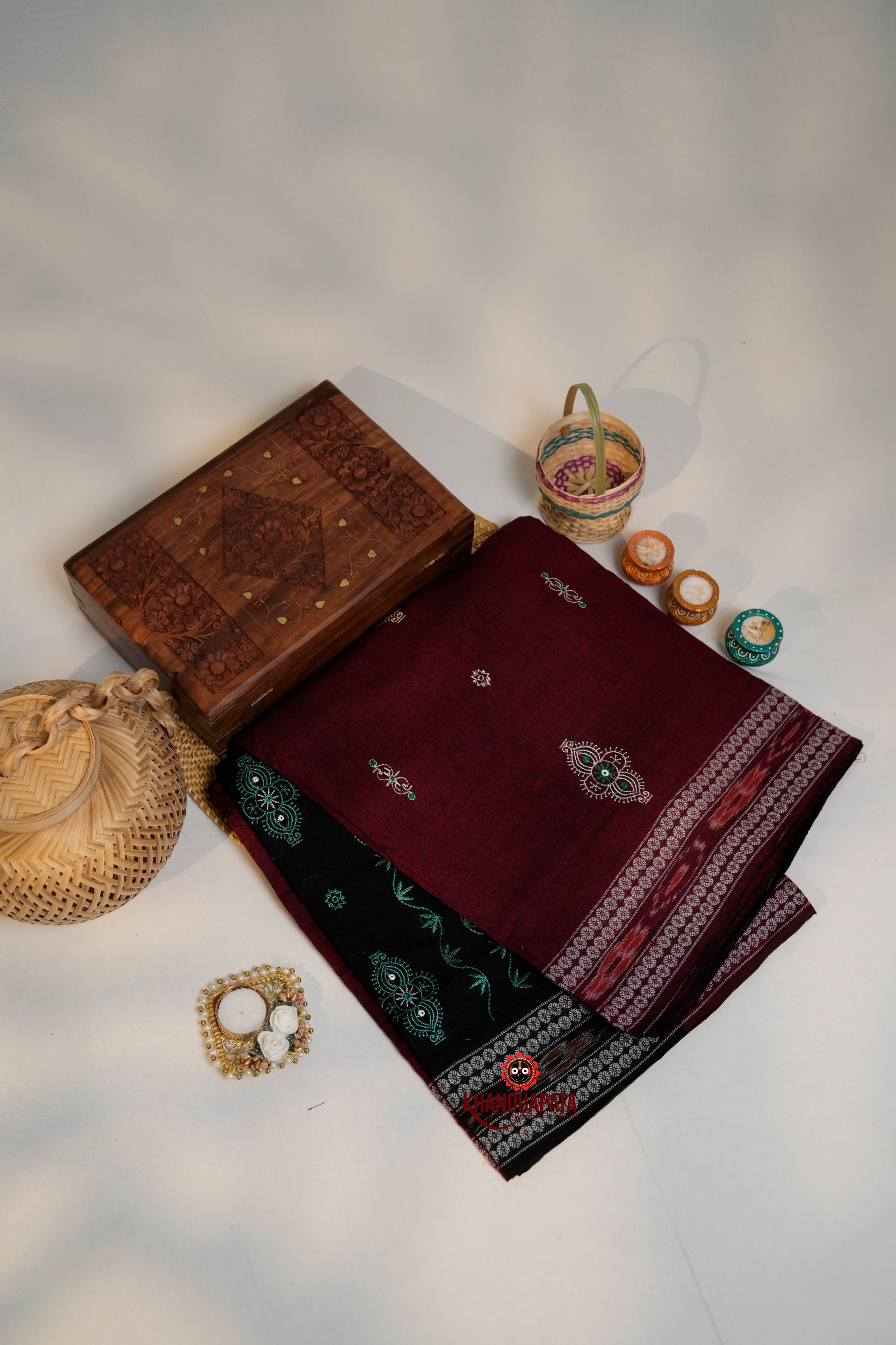 khanduapata Maroon & Green Colour Design Cotton Saree For Women - Distacart