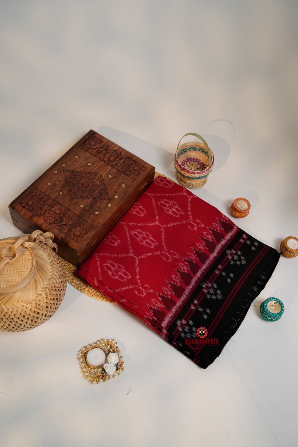 khanduapata Red & Black Oval Design Pasapali Border Cotton Saree For Women - Distacart