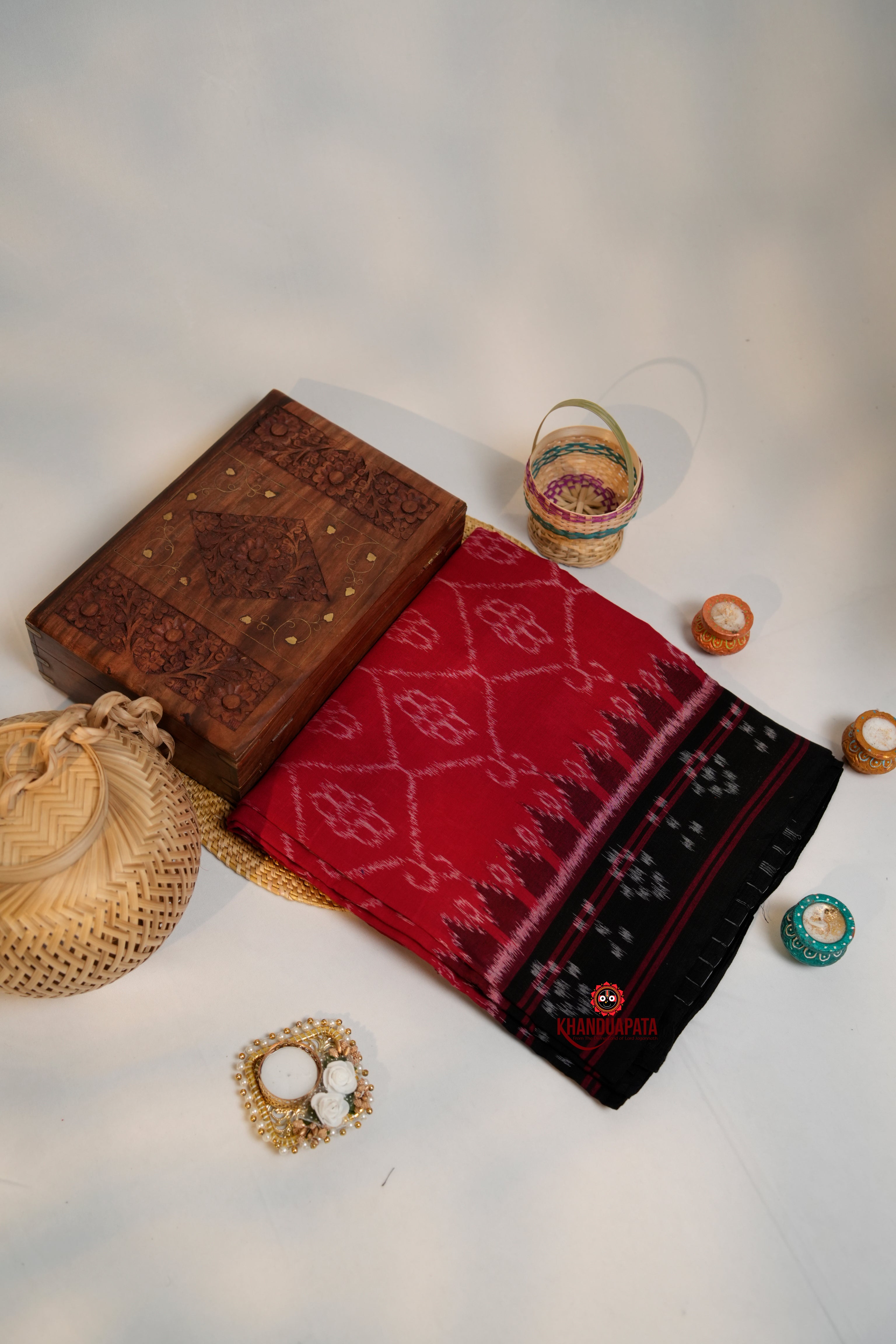 khanduapata Red & Black Oval Design Pasapali Border Cotton Saree For Women - Distacart