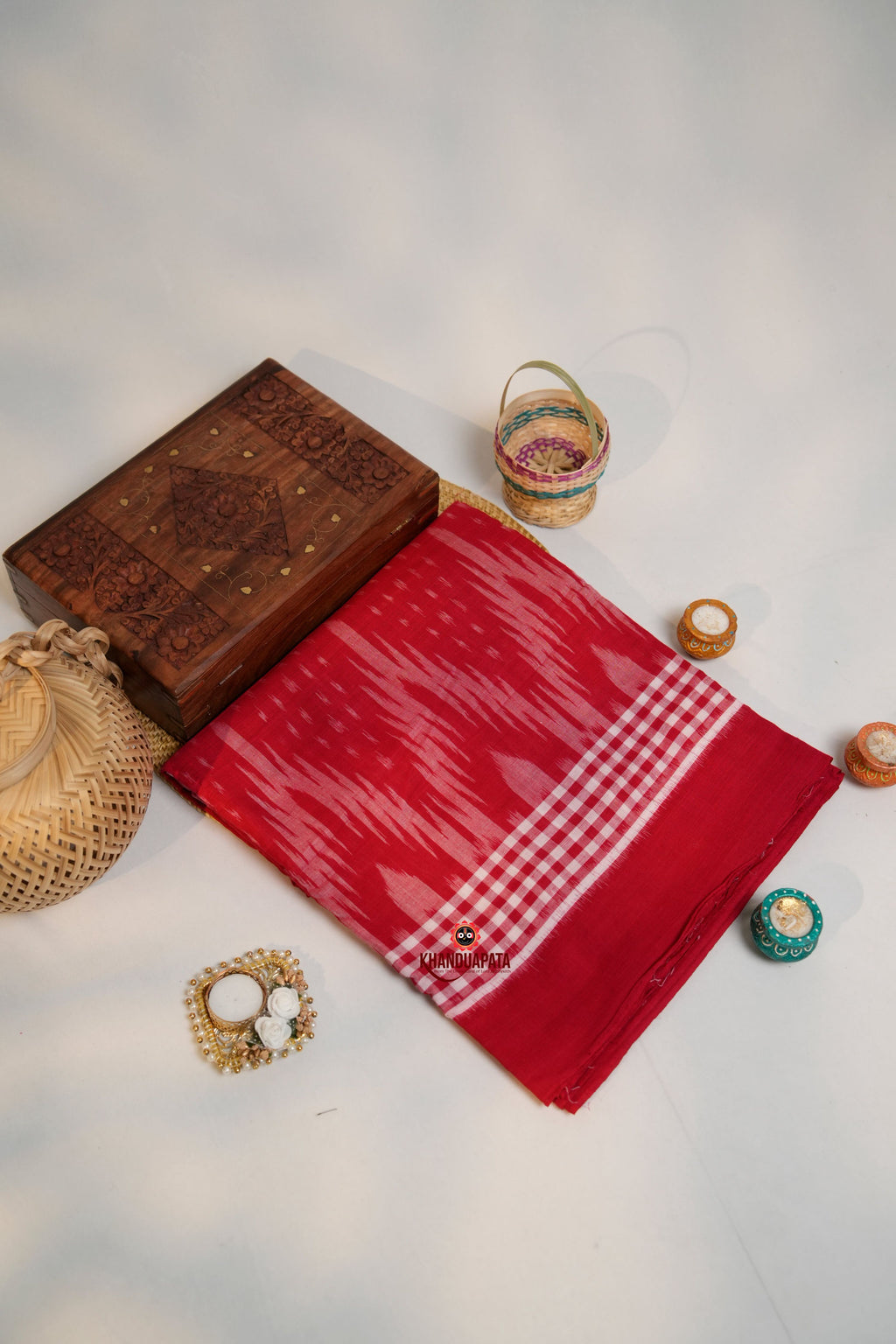 khanduapata Red & White Colour Pasapali Border Cotton Saree For Women - Distacart