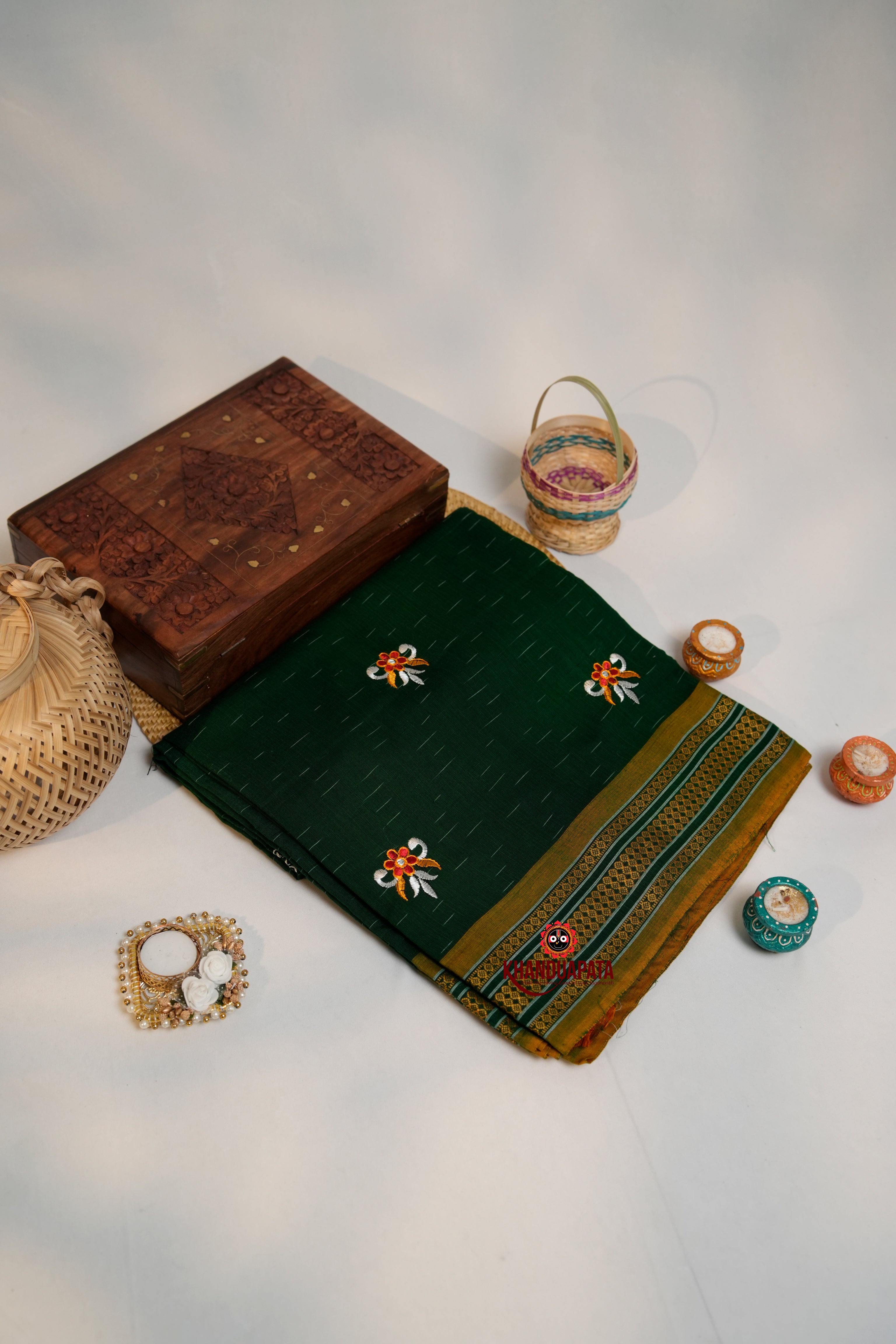 khanduapata Green Colour Flower Design Cotton Saree For Women - Distacart