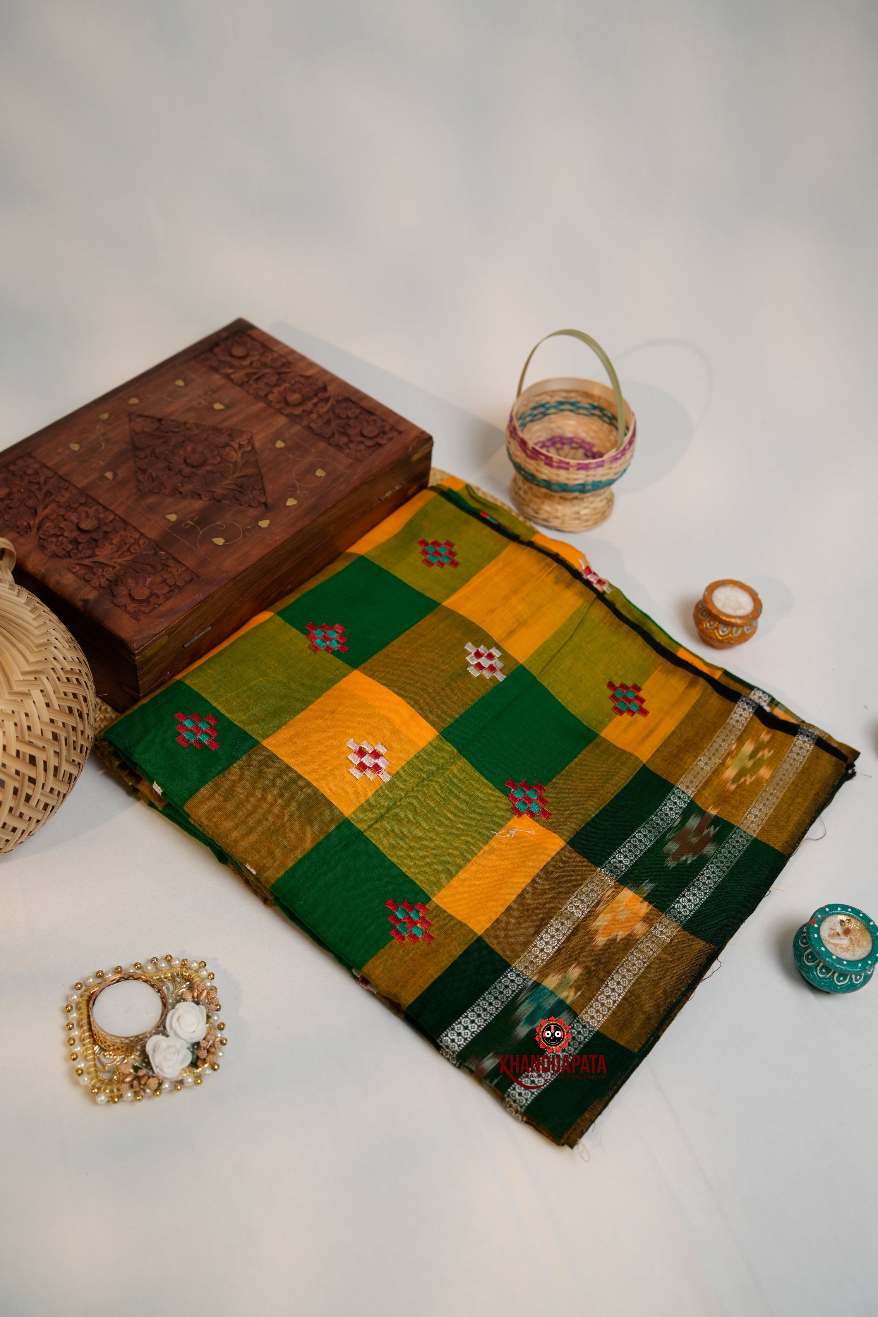 khanduapata Green & Orange Colour Check Design Cotton Saree For Women - Distacart