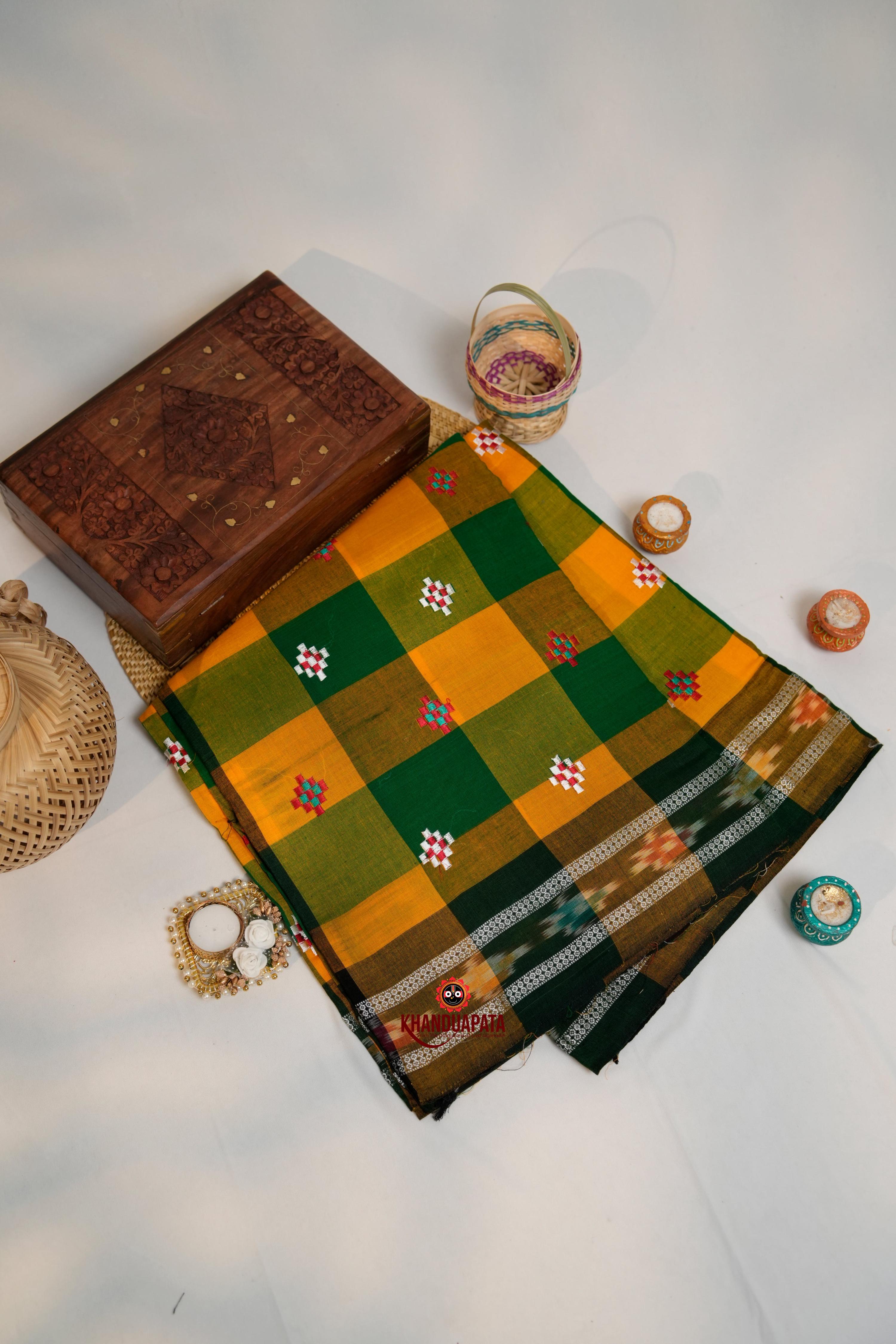 khanduapata Green & Orange Colour Check Design Cotton Saree For Women - Distacart