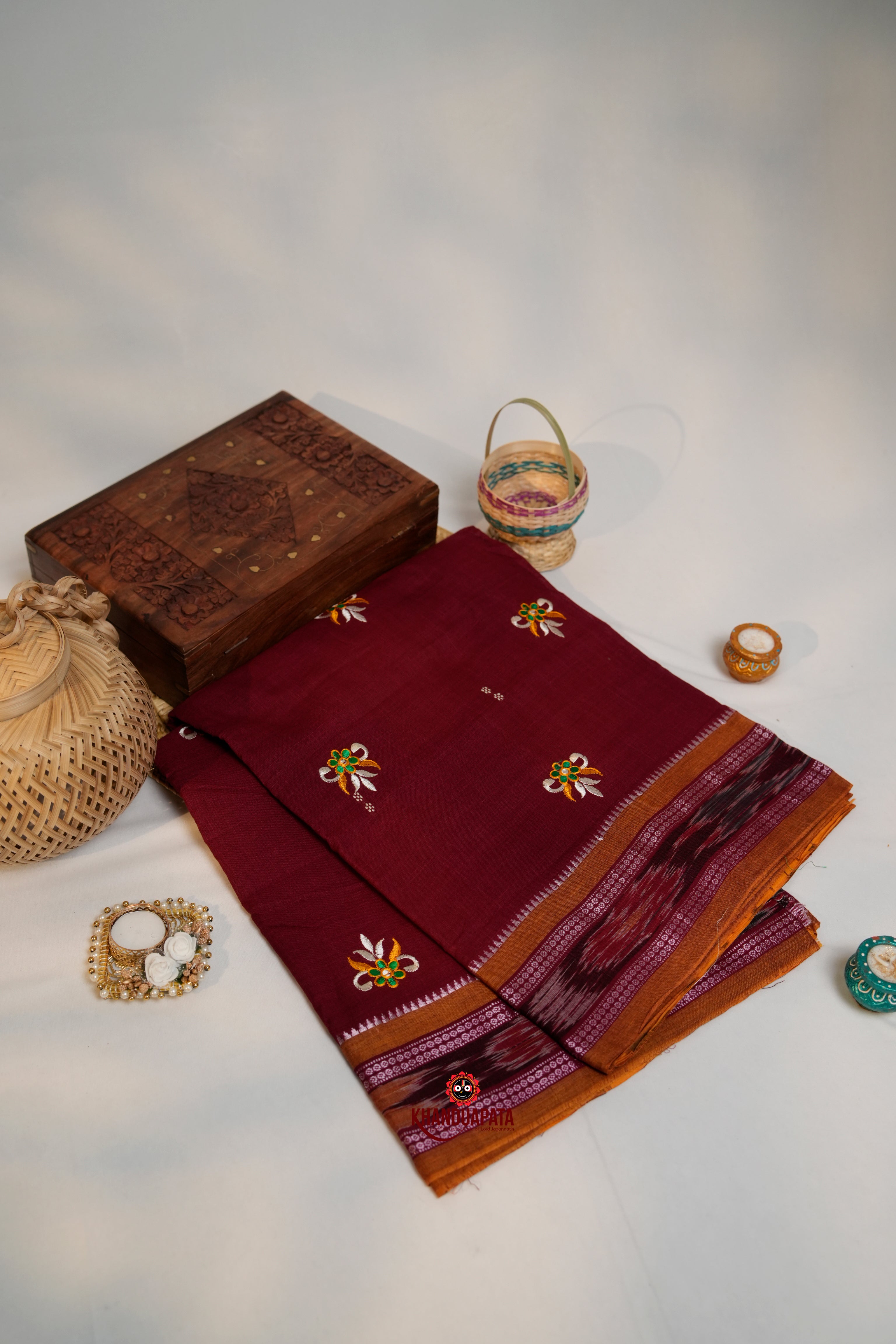khanduapata Maroon Colour Flower Design Cotton Saree For Women - Distacart